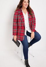 Plus Size Plaid Blazer, REBEL RED COMBO, small