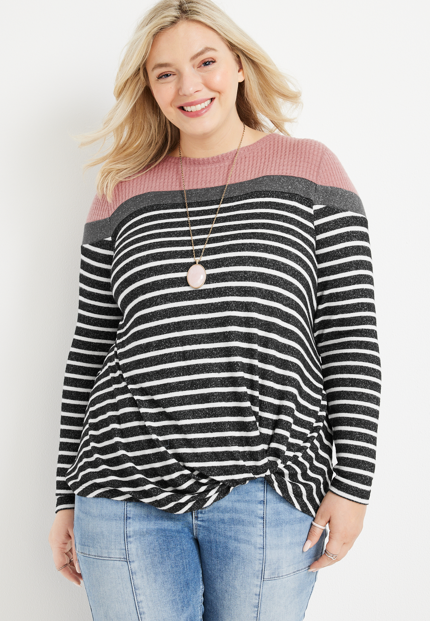 Plus Size Stripe Colorblock Front Knot Mixer Tee | maurices