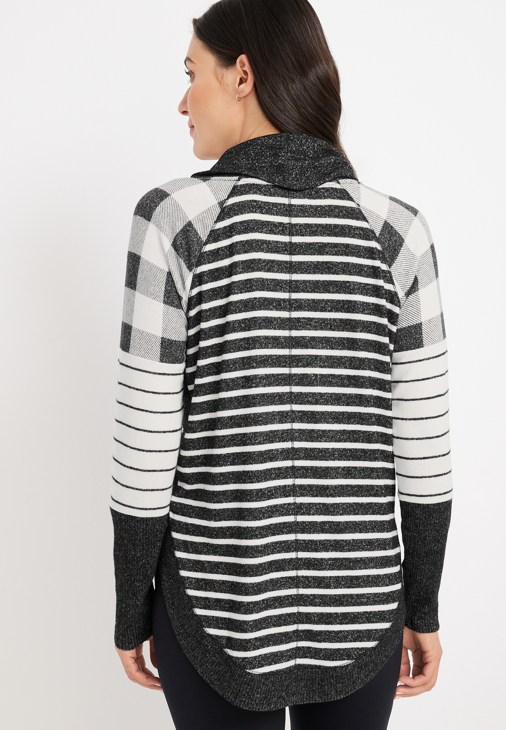 Haven Buffalo Plaid Stripe Cowl Neck Sweatshirt, BLACK COMBO, large