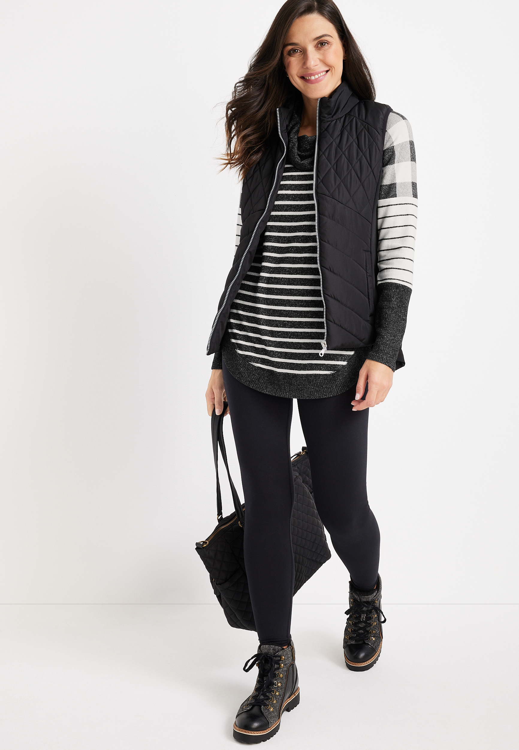 Haven Buffalo Plaid Stripe Cowl Neck Sweatshirt, BLACK COMBO, large
