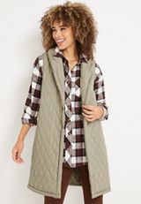 Quilted Long Puffer Vest, OLIVE, small