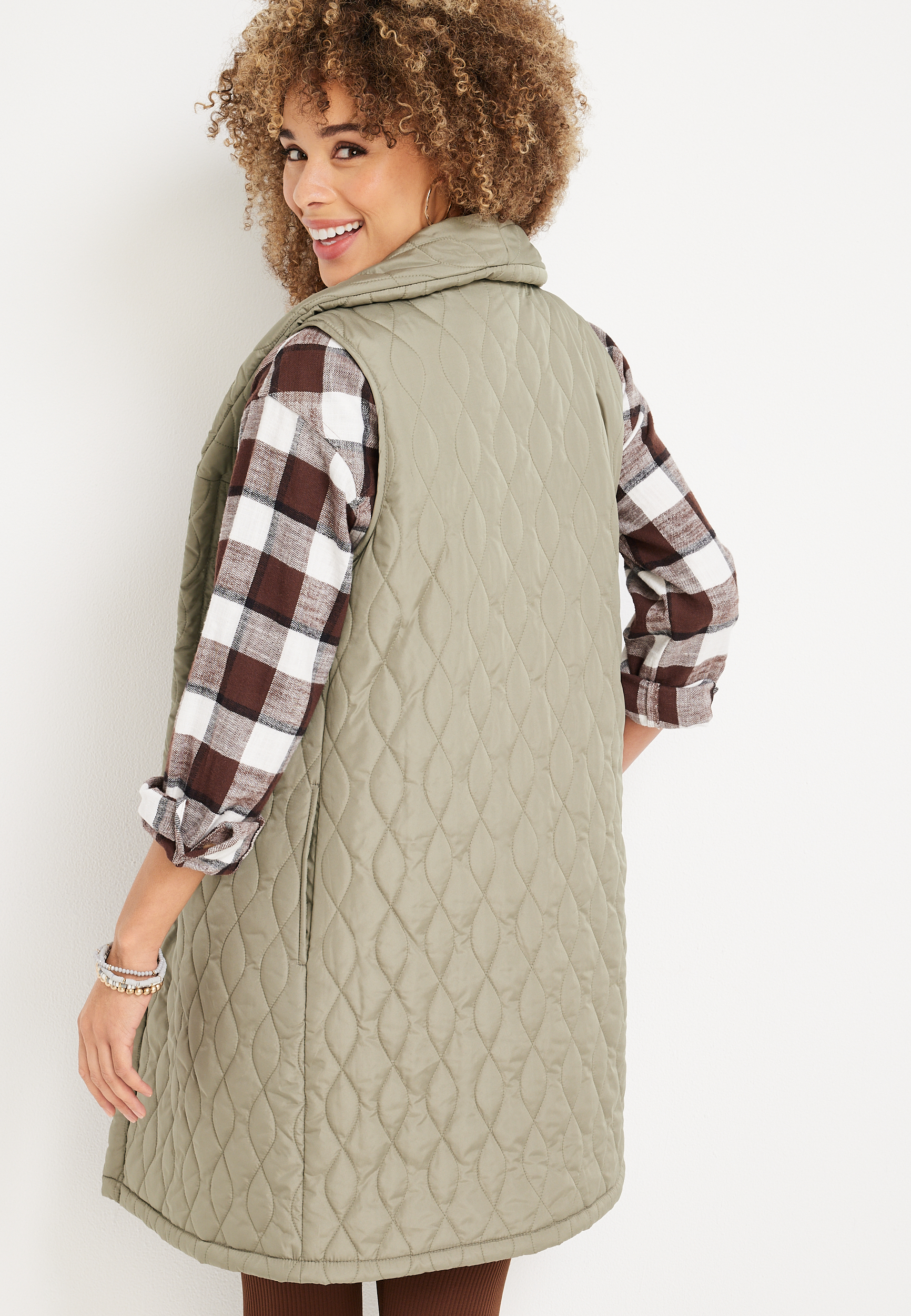 Quilted Long Puffer Vest, OLIVE, large