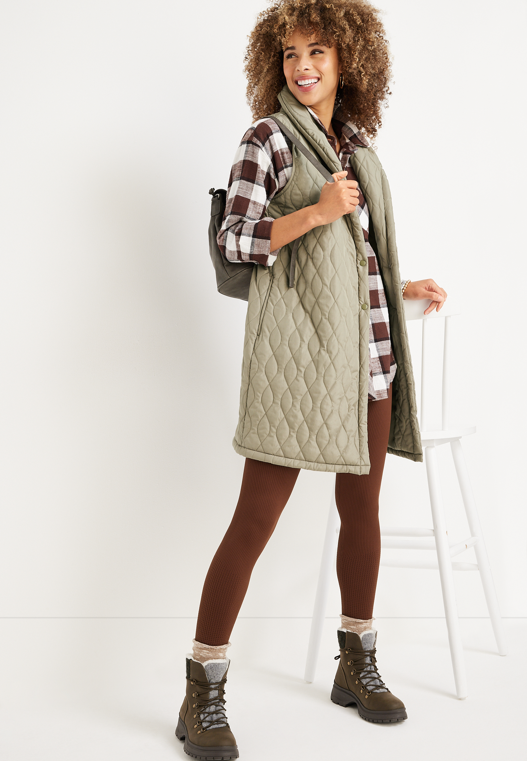 Quilted Long Puffer Vest, OLIVE, large