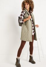 Quilted Long Puffer Vest, OLIVE, small