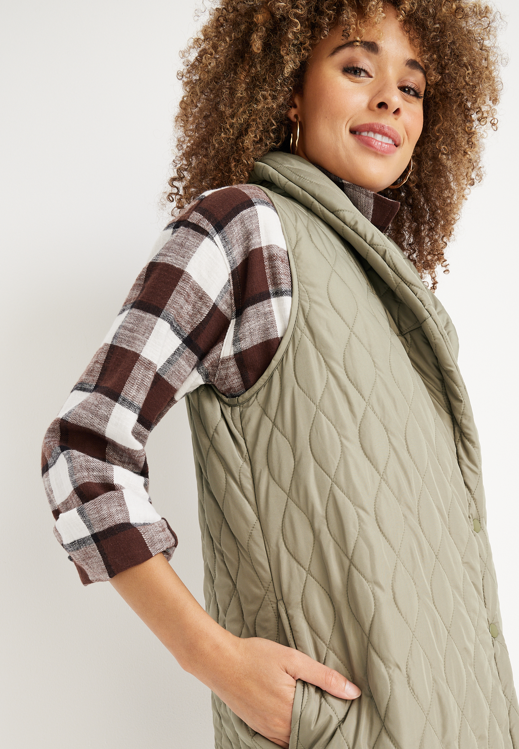 Quilted Long Puffer Vest, OLIVE, large