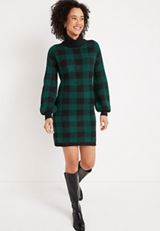 Green Buffalo Plaid Sweater Dress, C3409, small