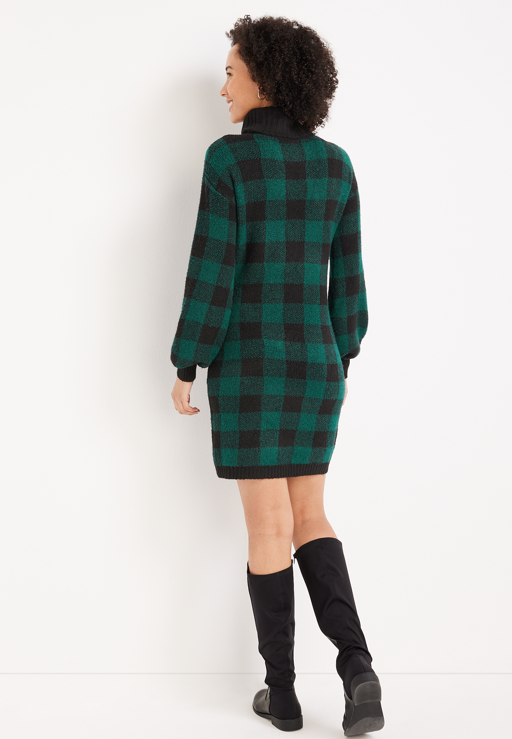 Green Buffalo Plaid Sweater Dress, C3409, large