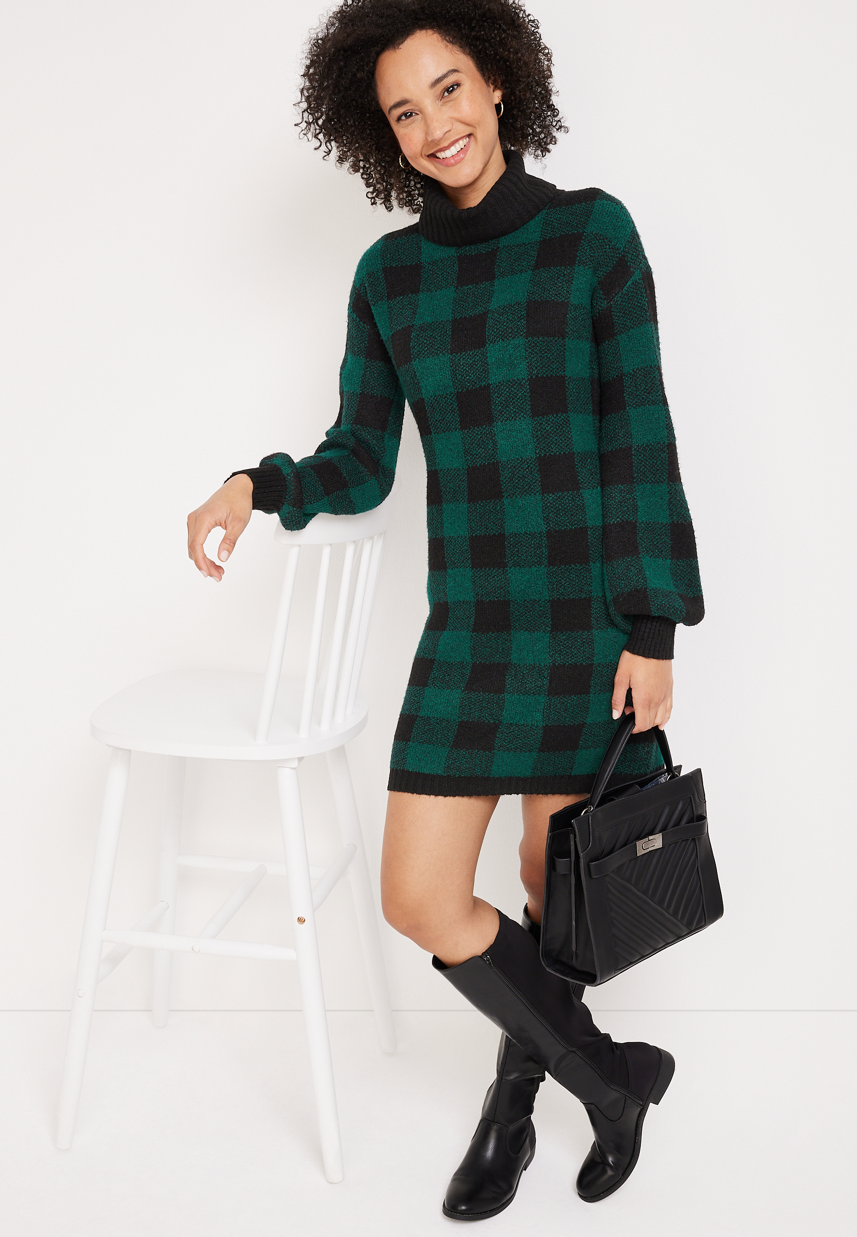 Green Buffalo Plaid Sweater Dress, C3409, large
