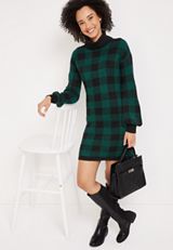 Green Buffalo Plaid Sweater Dress, C3409, small