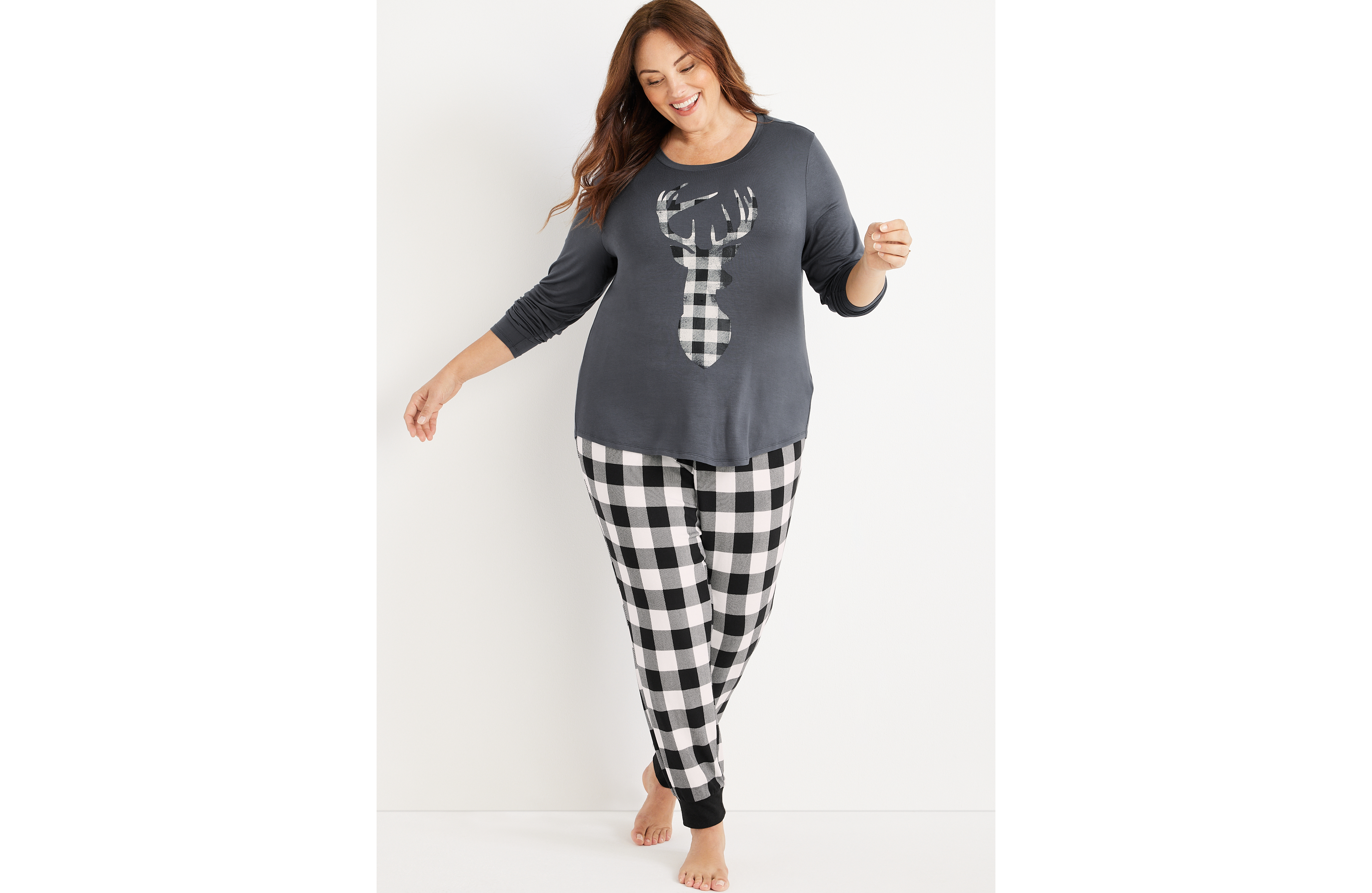 Womens Holiday Buffalo Plaid Deer Family Pajamas