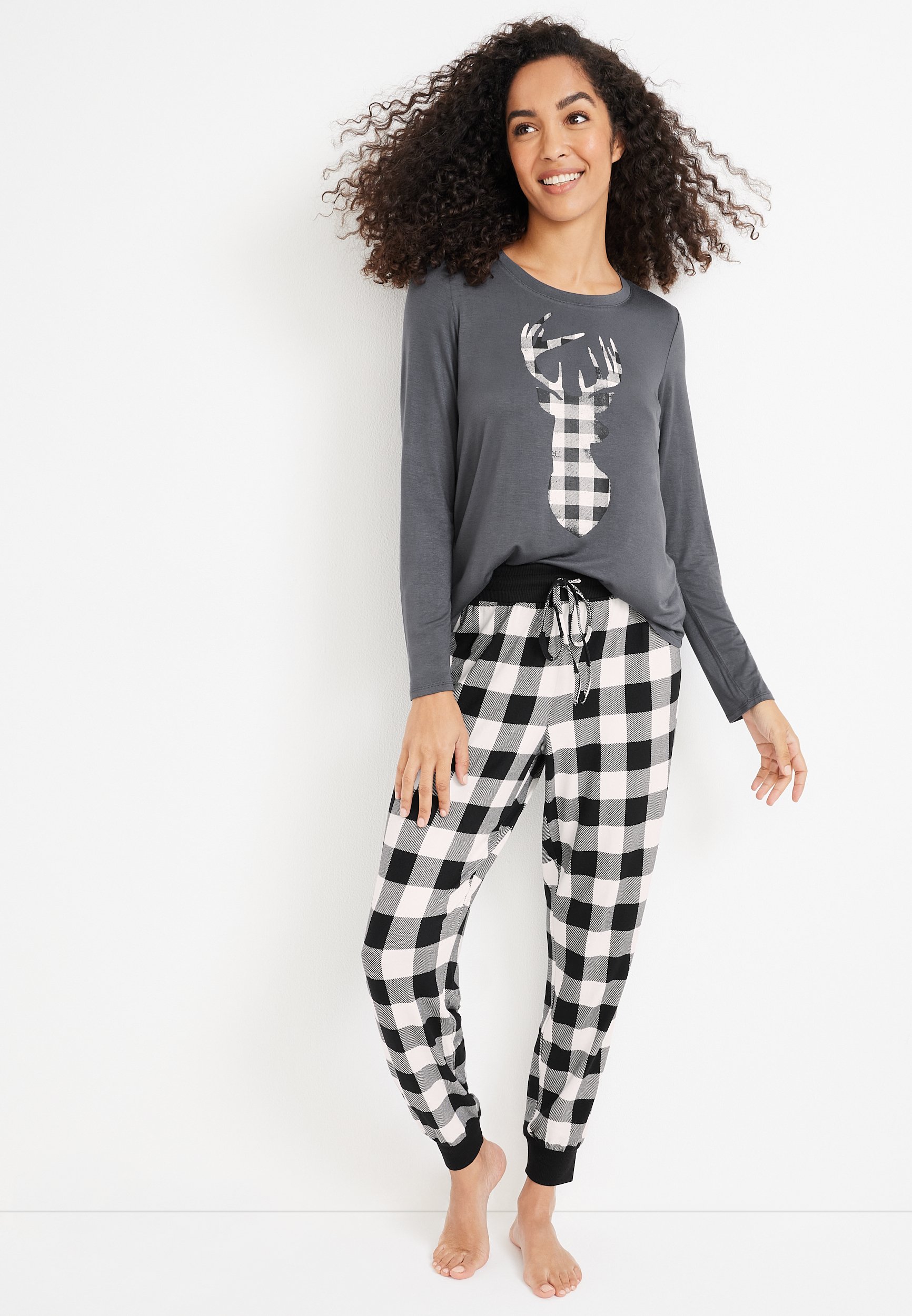 Womens Holiday Buffalo Plaid Deer Family Pajamas, C125, large