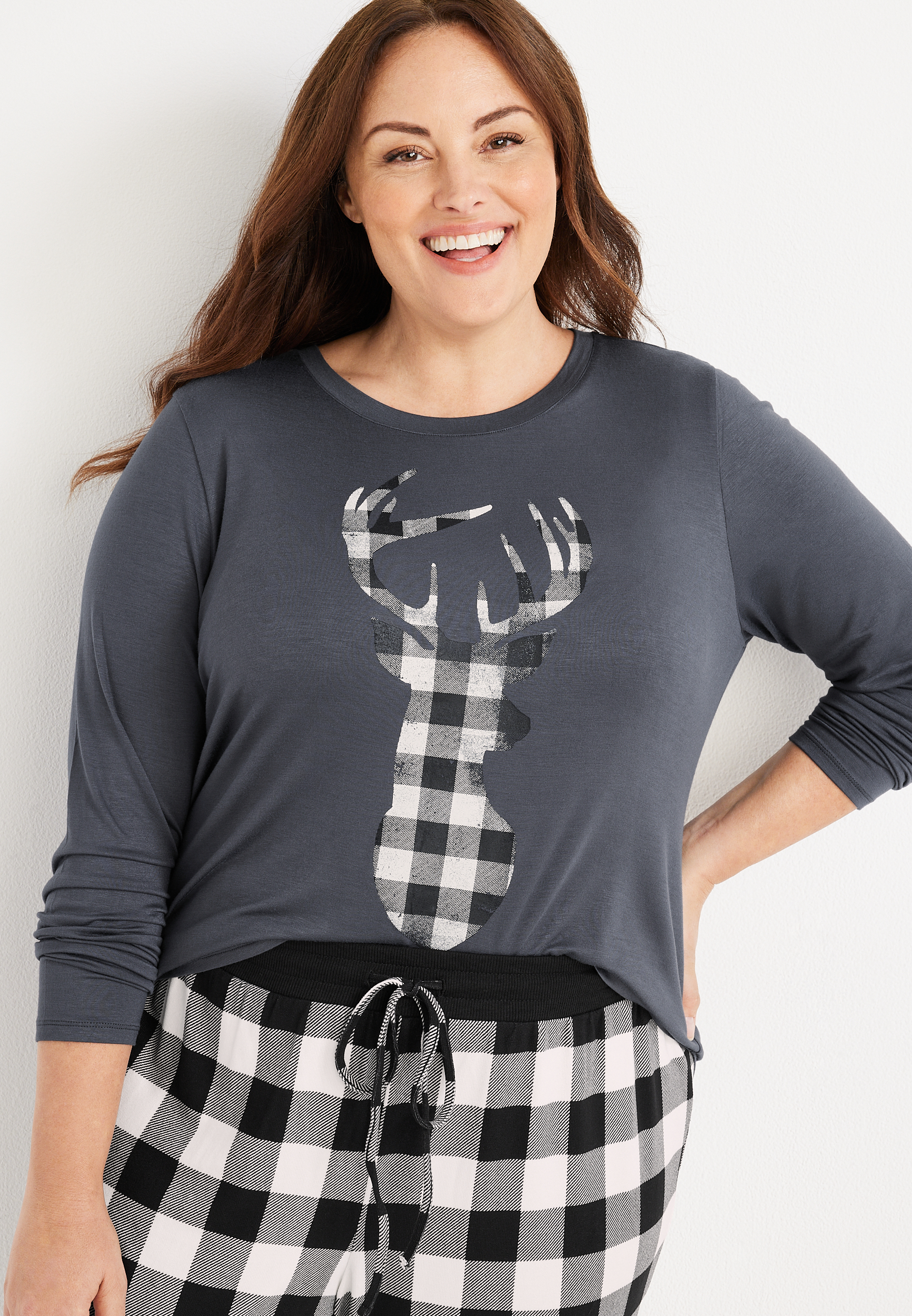 Womens Holiday Buffalo Plaid Deer Family Pajamas, C125, large