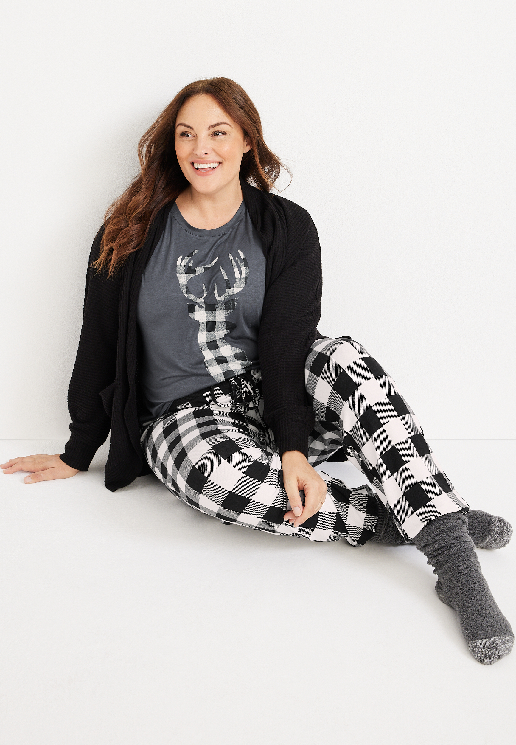 Womens Holiday Buffalo Plaid Deer Family Pajamas, C125, large