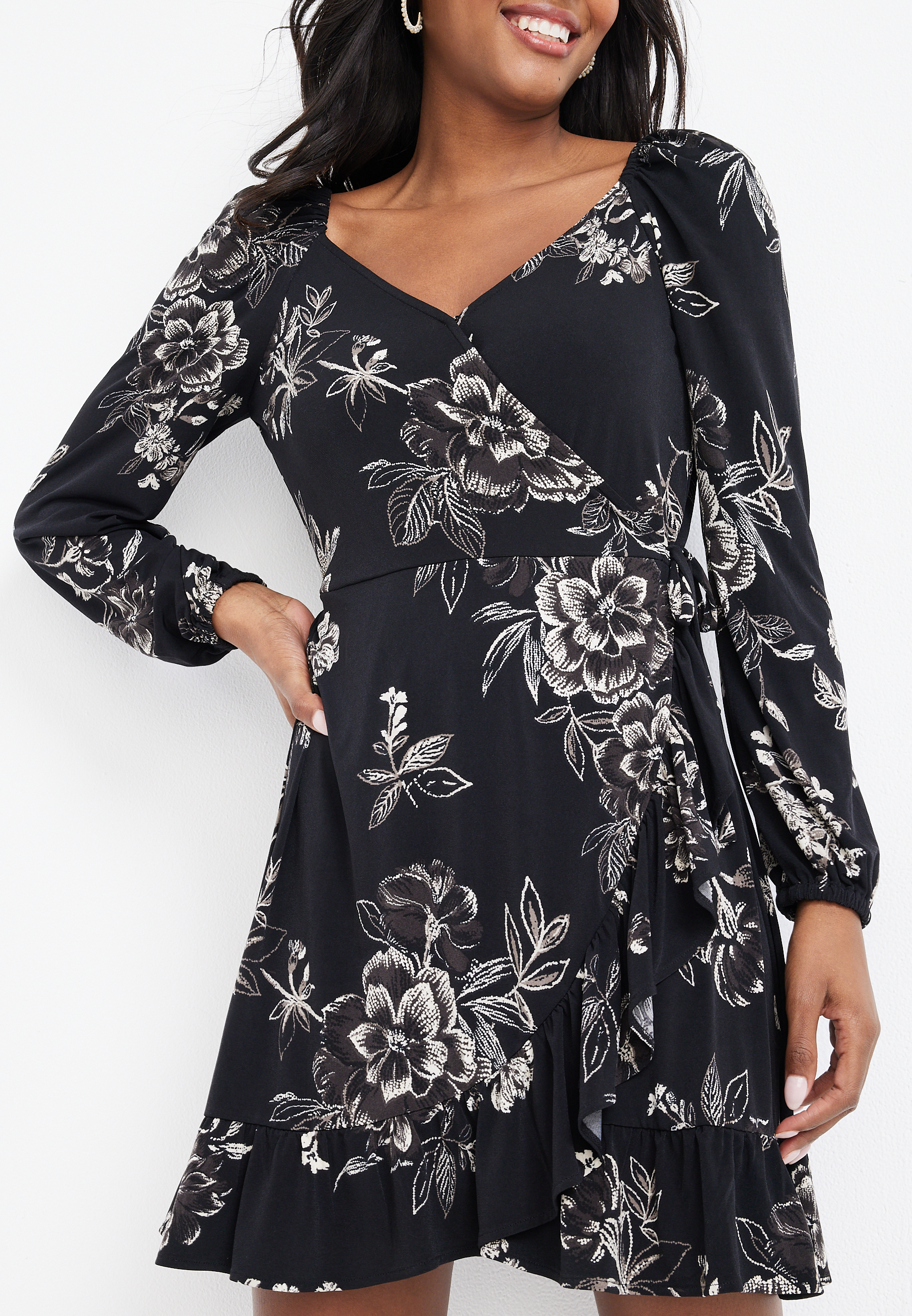 Floral Faux Wrap Mini Dress, C1756, large