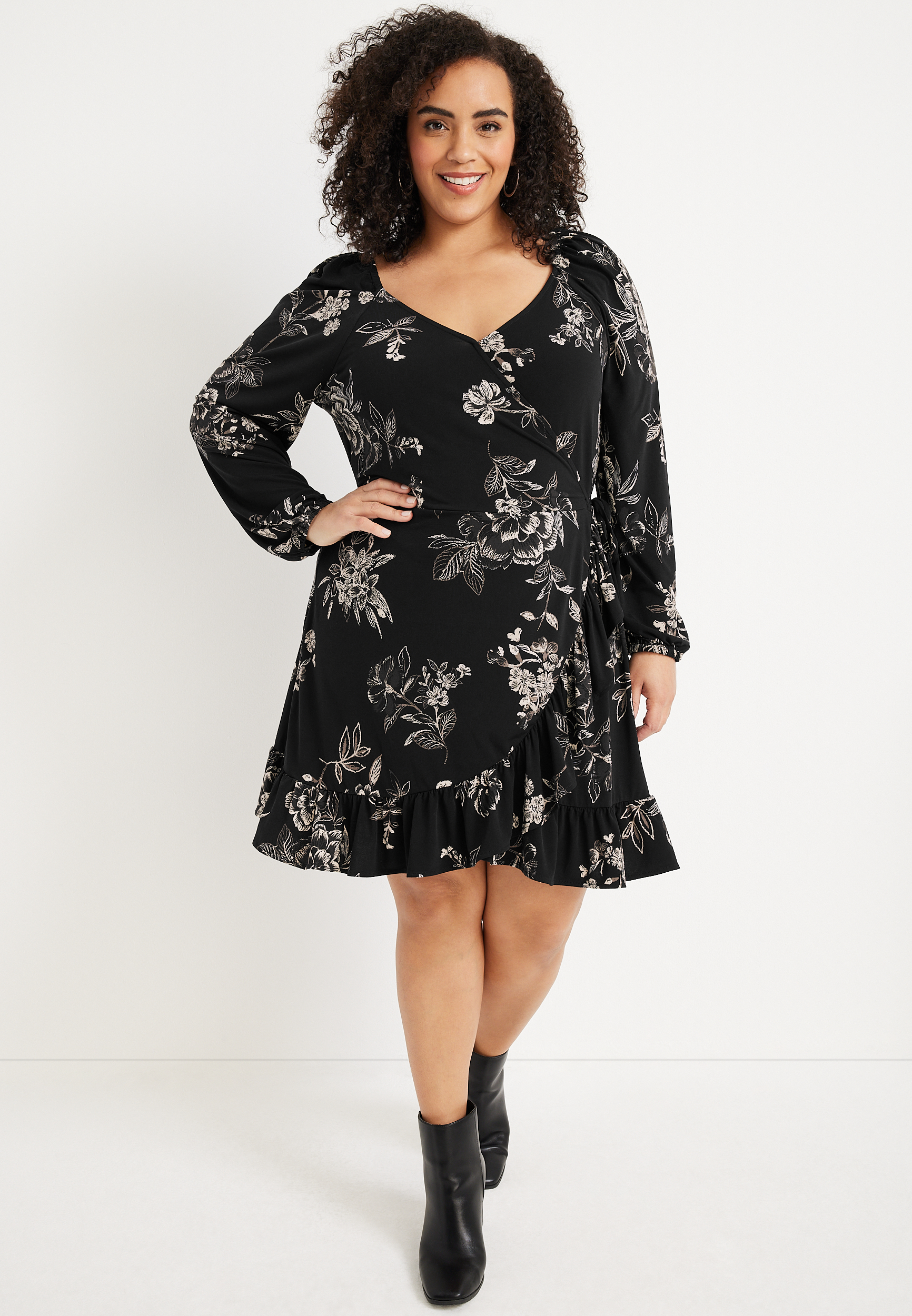 Plus Floral Faux Wrap Mini Dress