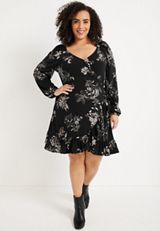 Plus Size Floral Faux Wrap Mini Dress, C1756, small