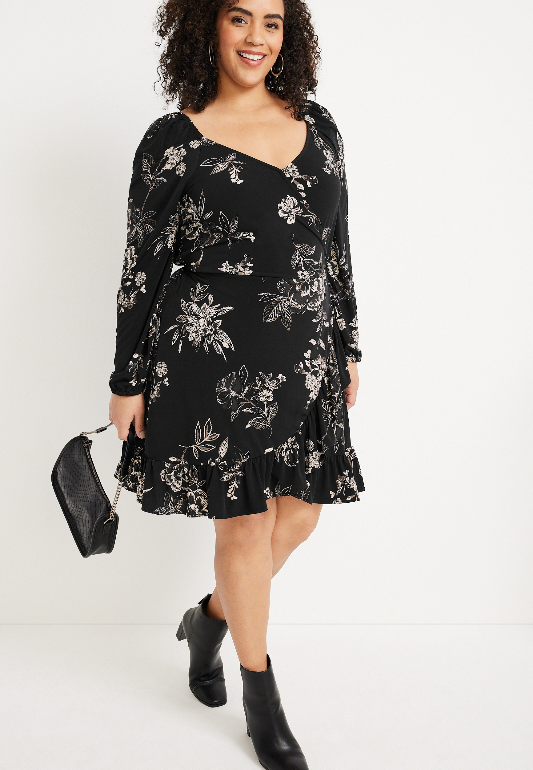 Plus Size Floral Faux Wrap Mini Dress, C1756, large