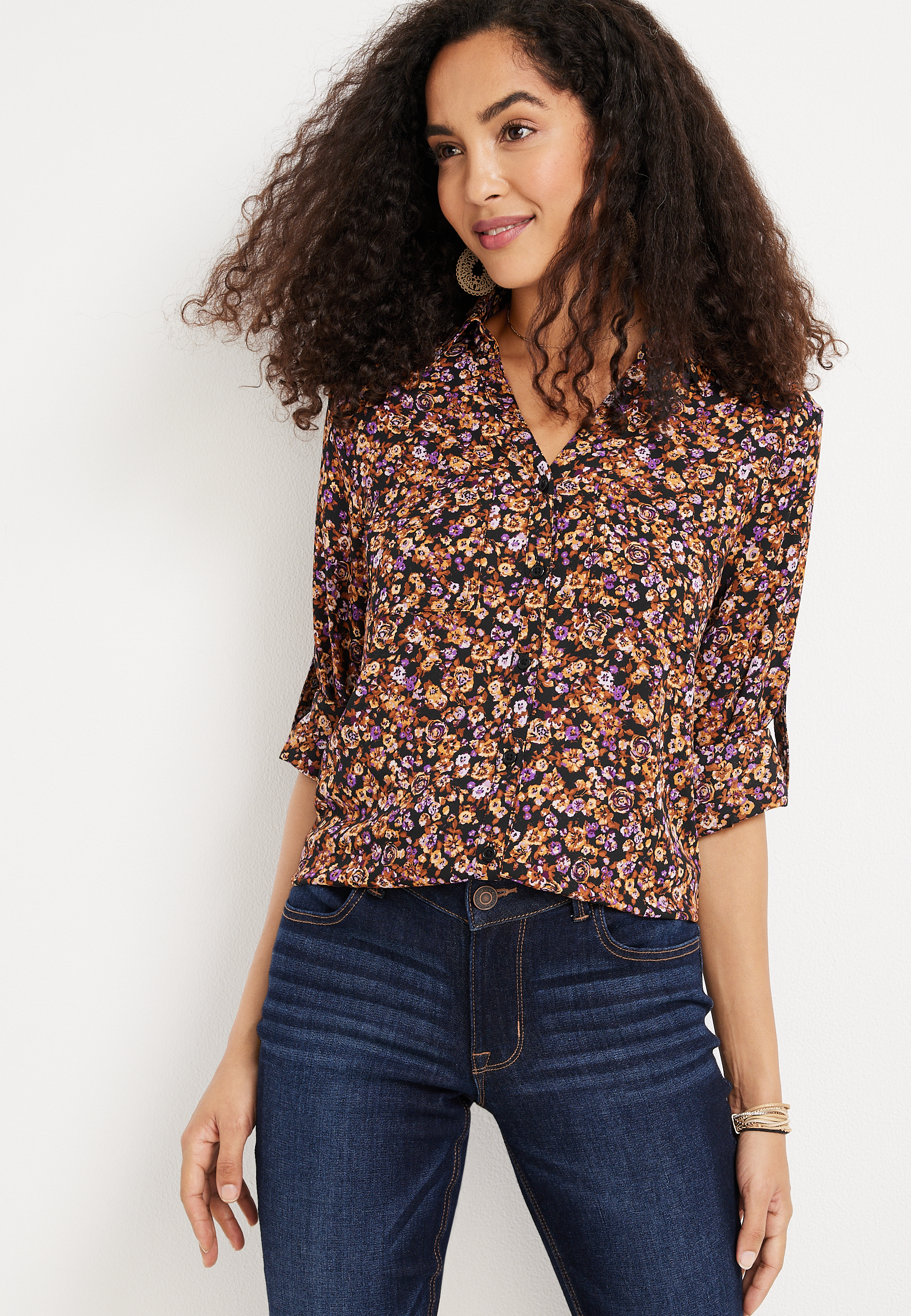 Winona Ditsy Floral Button Down Blouse | maurices