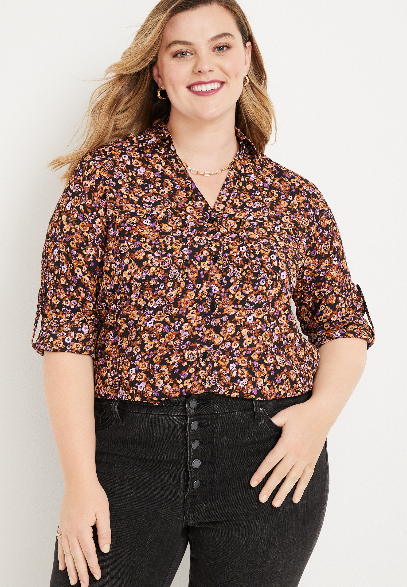 Plus Size Winona Ditsy Floral Button Down Blouse | maurices