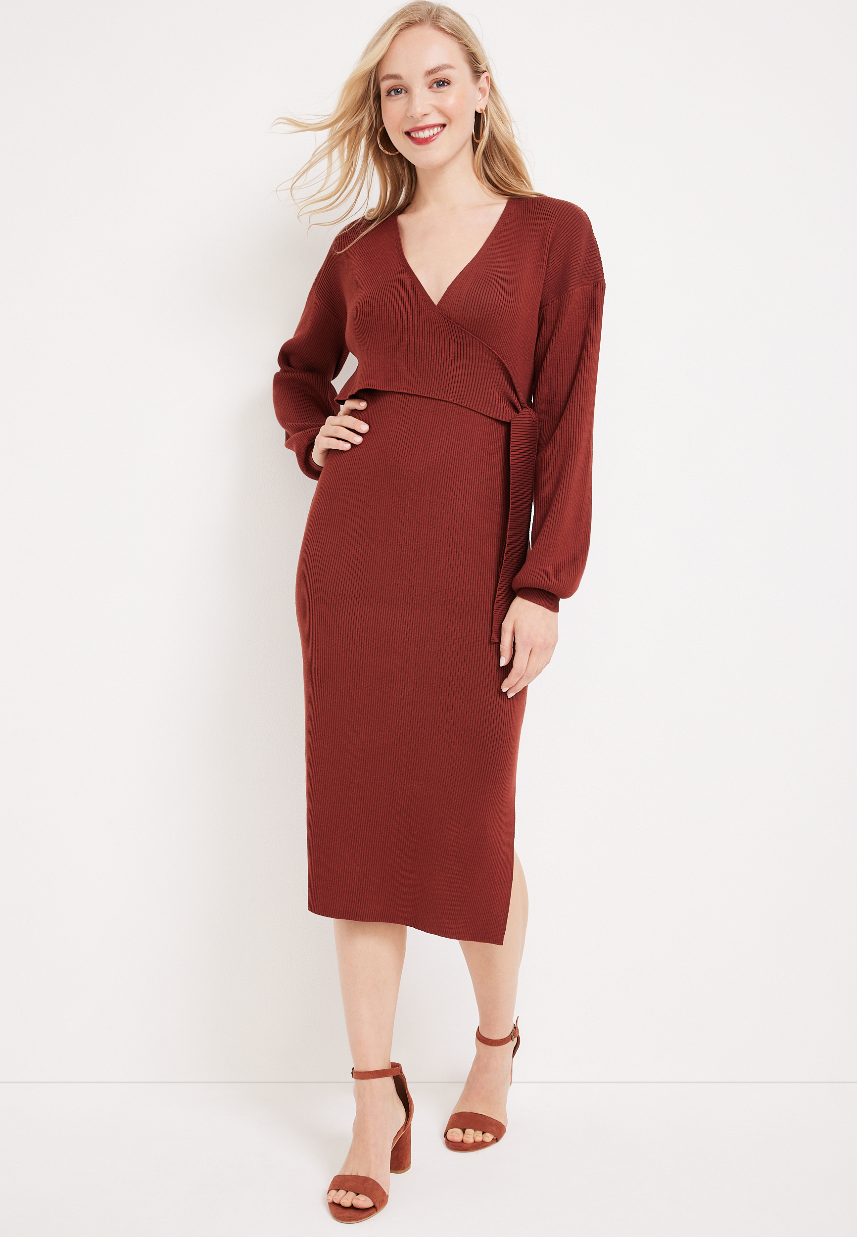 knee length dresses for ladies Women's Navy Midi Wrap Dress + Sweater Dress