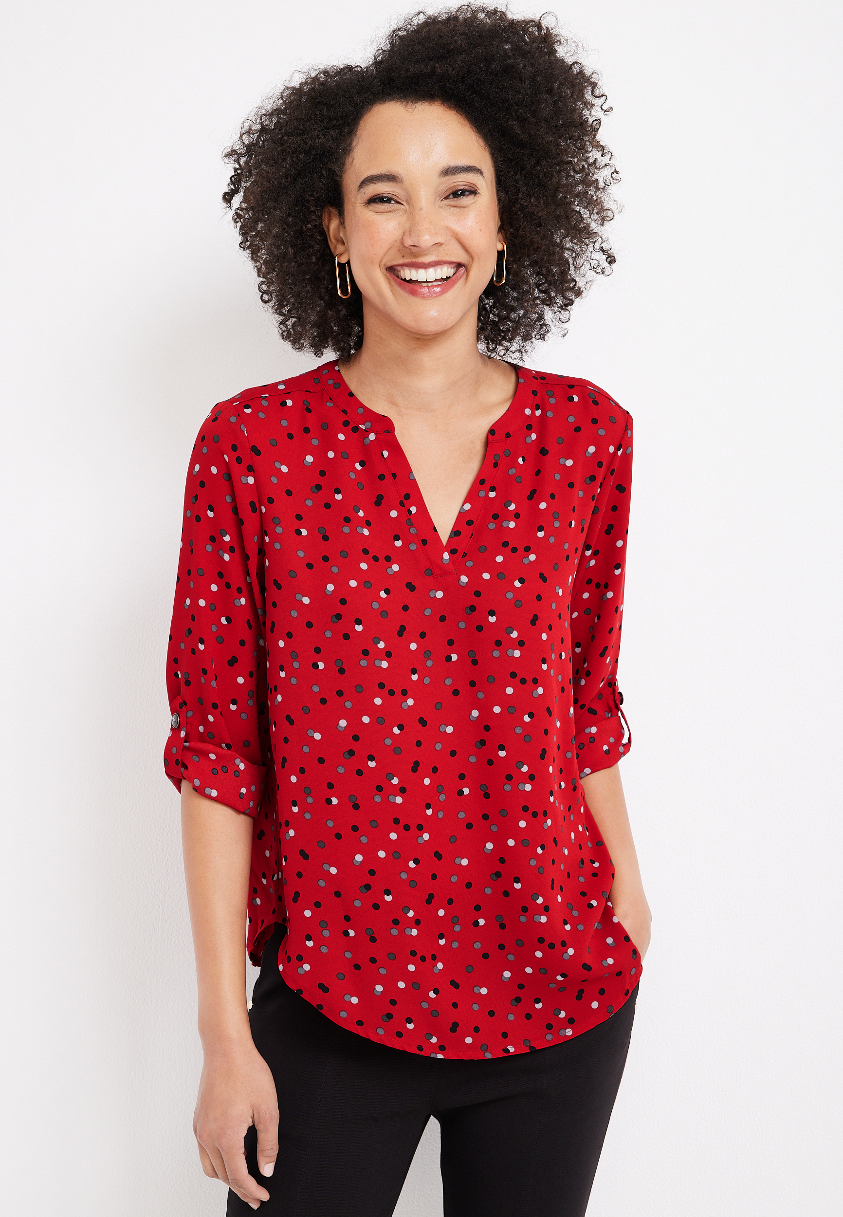 Atwood Polka Dot 3/4 Sleeve Popover Blouse | maurices