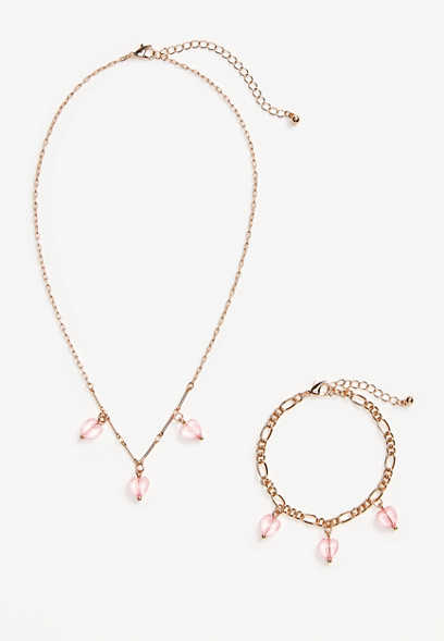 Girls 2 Piece Gold Heart Charm Necklace and Bracelet Set
