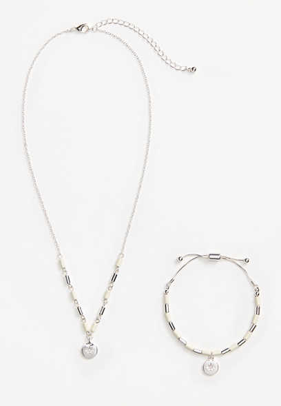 Girls 2 Piece Silver Star Charm Necklace and Bracelet Set
