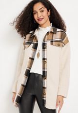 Brown Plaid Sherpa Shacket, SOFT WHITE COMBO, small