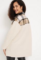 Brown Plaid Sherpa Shacket, SOFT WHITE COMBO, small