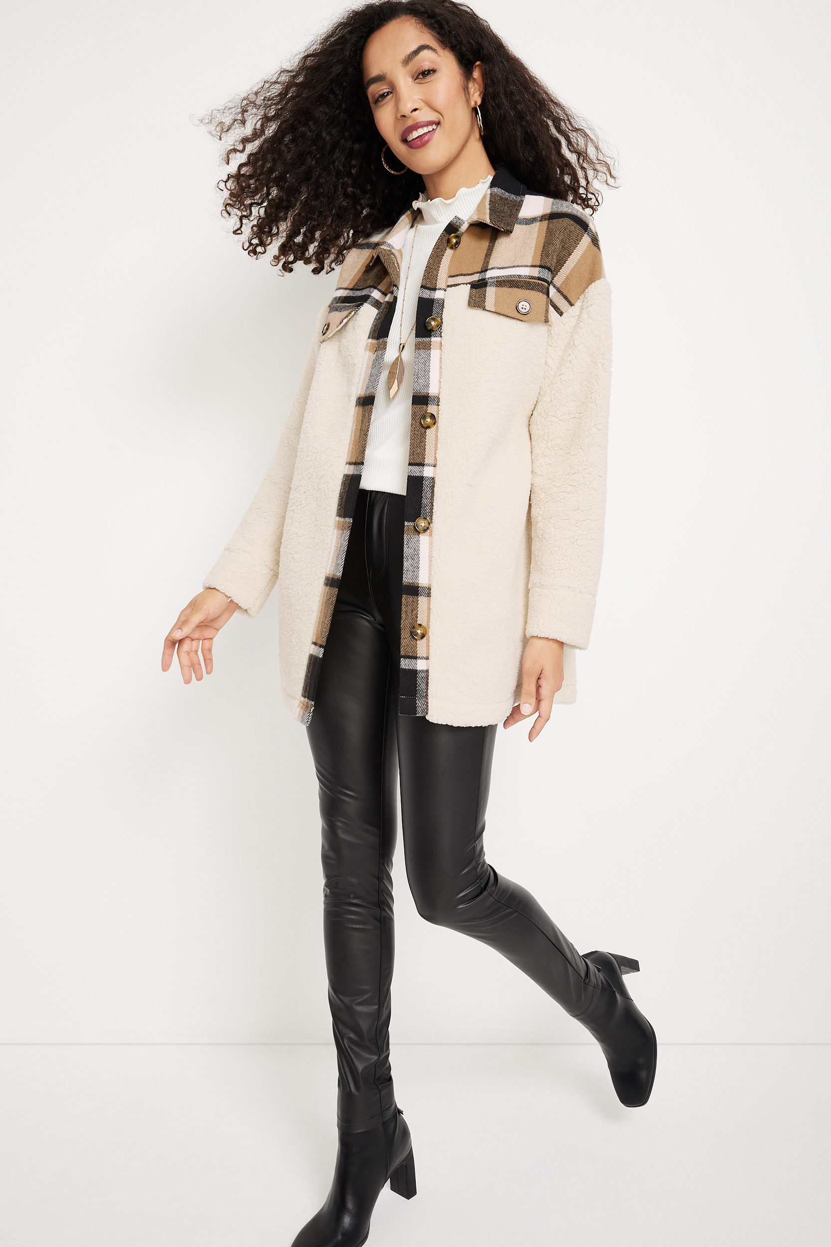 Brown Plaid Sherpa Shacket, SOFT WHITE COMBO, large