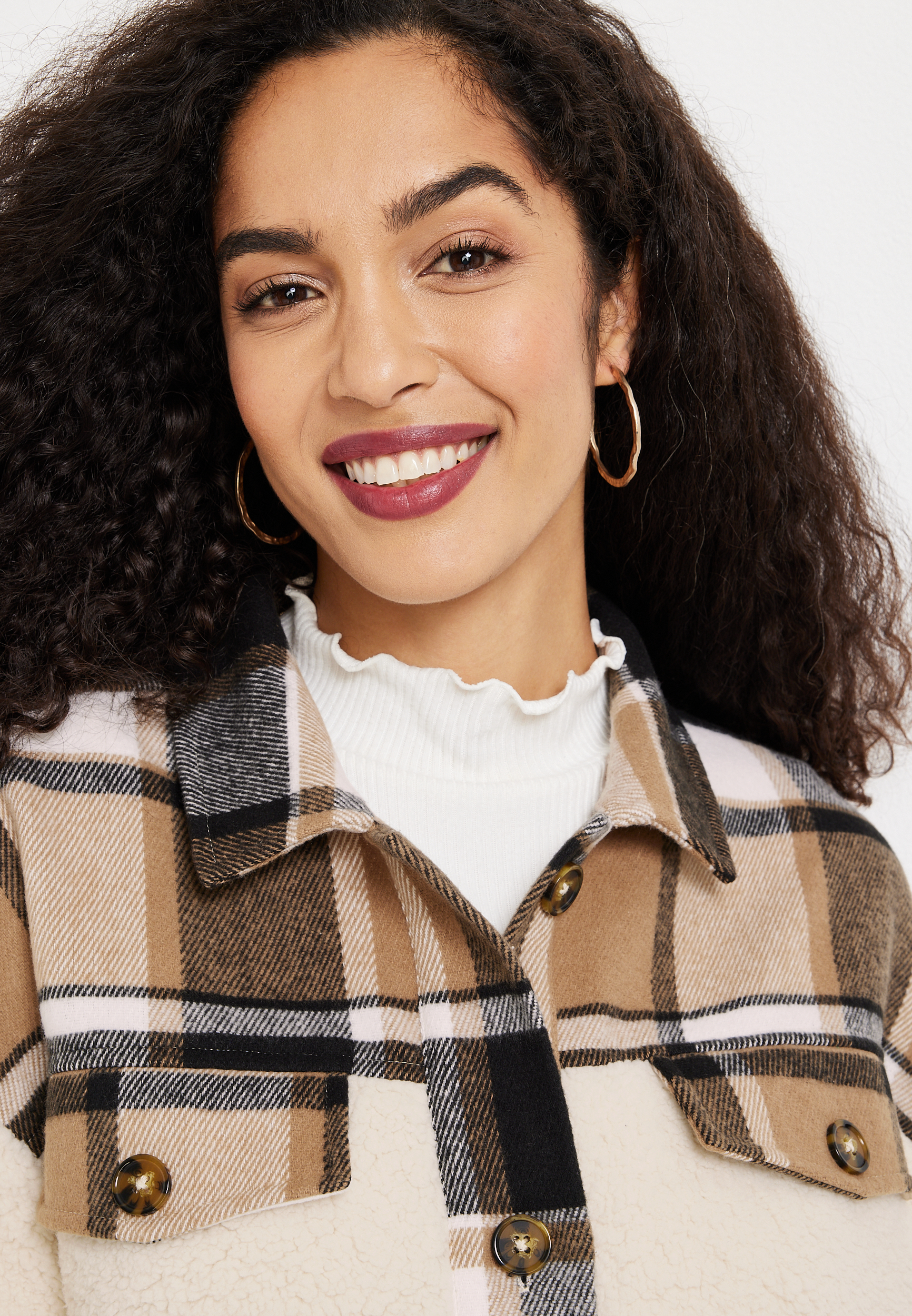 Brown Plaid Sherpa Shacket, SOFT WHITE COMBO, large