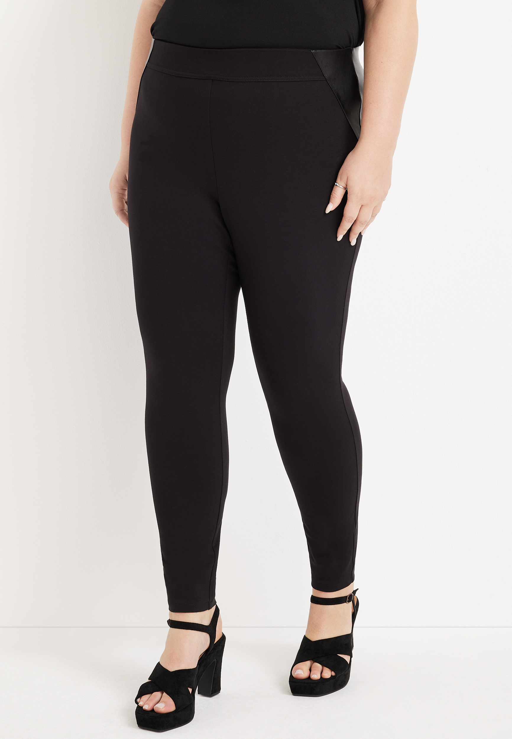 Plus Size Ponte High Rise Skinny Faux Leather Side Pant | maurices