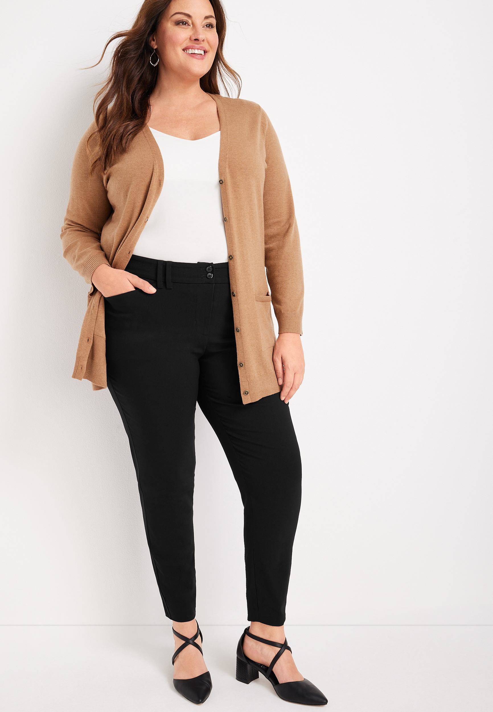 Plus Size Bengaline Curvy Double Button Skinny Ankle Dress Pant, BLACK, large