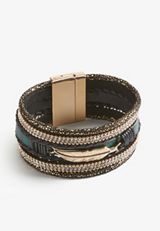 Green Buffalo Plaid Multi Row Feather Magnetic Bracelet, , small