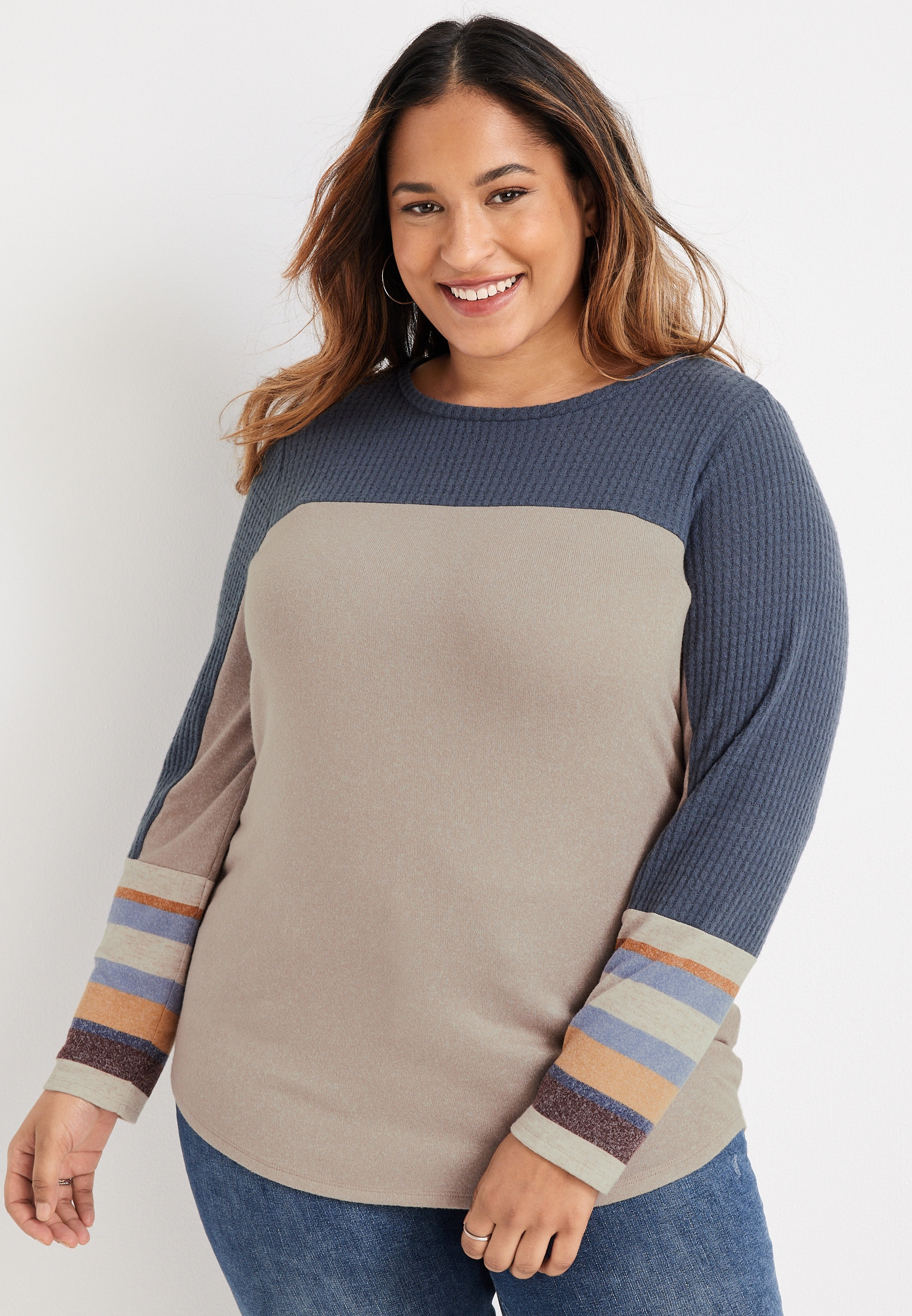 Pink Stripe Waffle Patchwork Plus Size T-Shirt main image 0