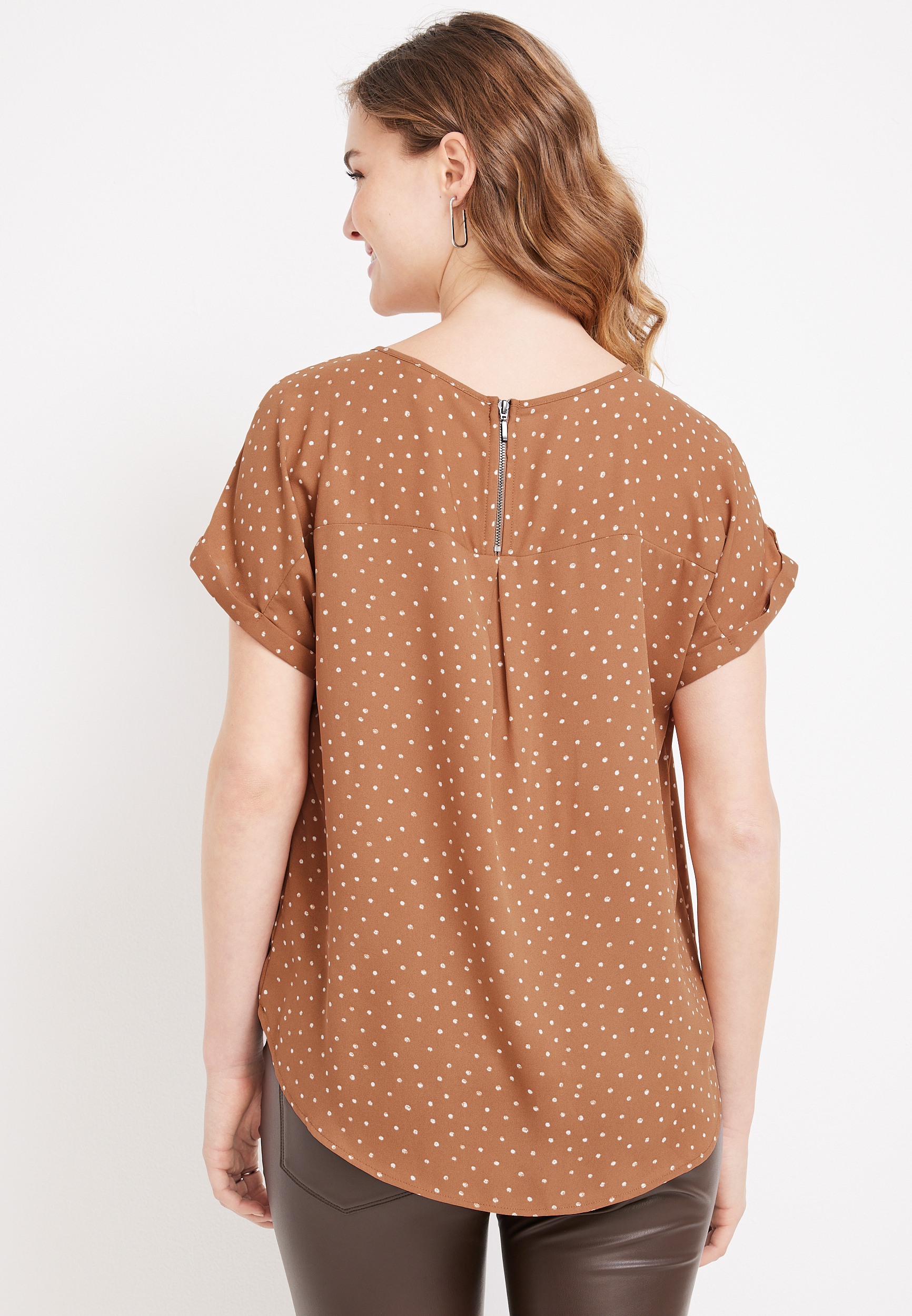Delton Polka Dot Zipper Back Blouse, CORK COMBO, large