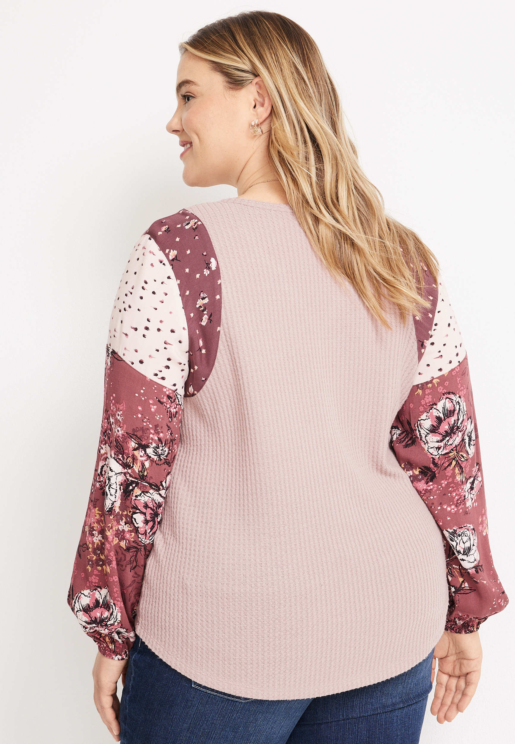 Plus Size Waffle Mix Long Sleeve Tee, C7726, large