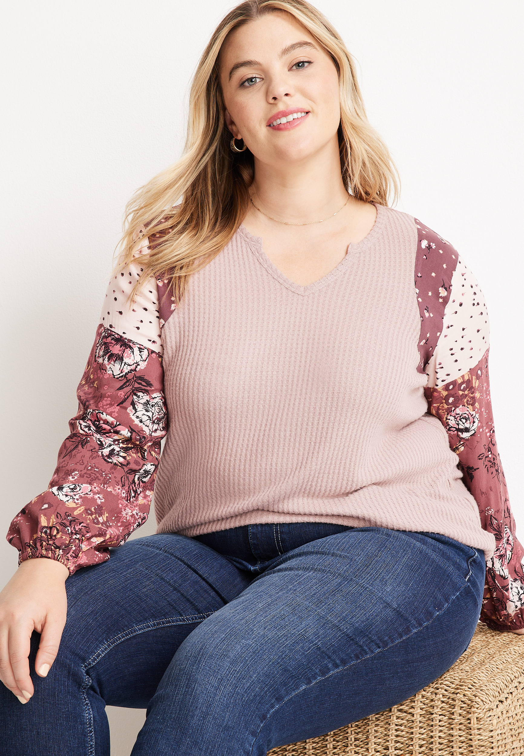 Plus Size Waffle Mix Long Sleeve Tee, C7726, large