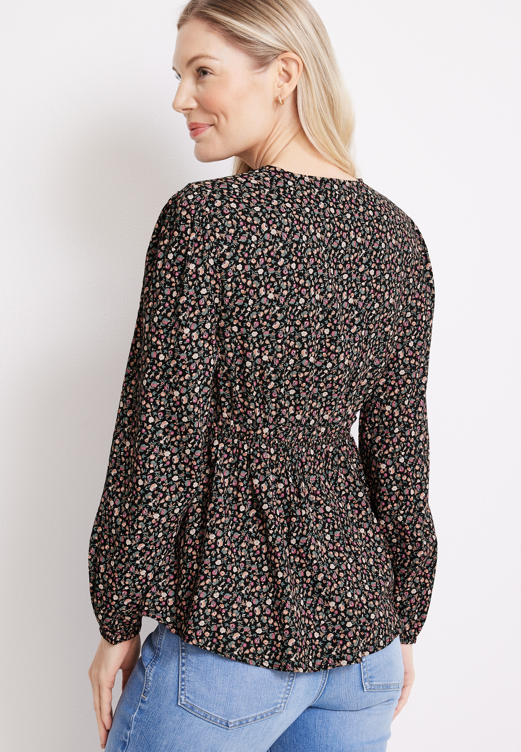 Floral Peplum Top, BLACK COMBO, large