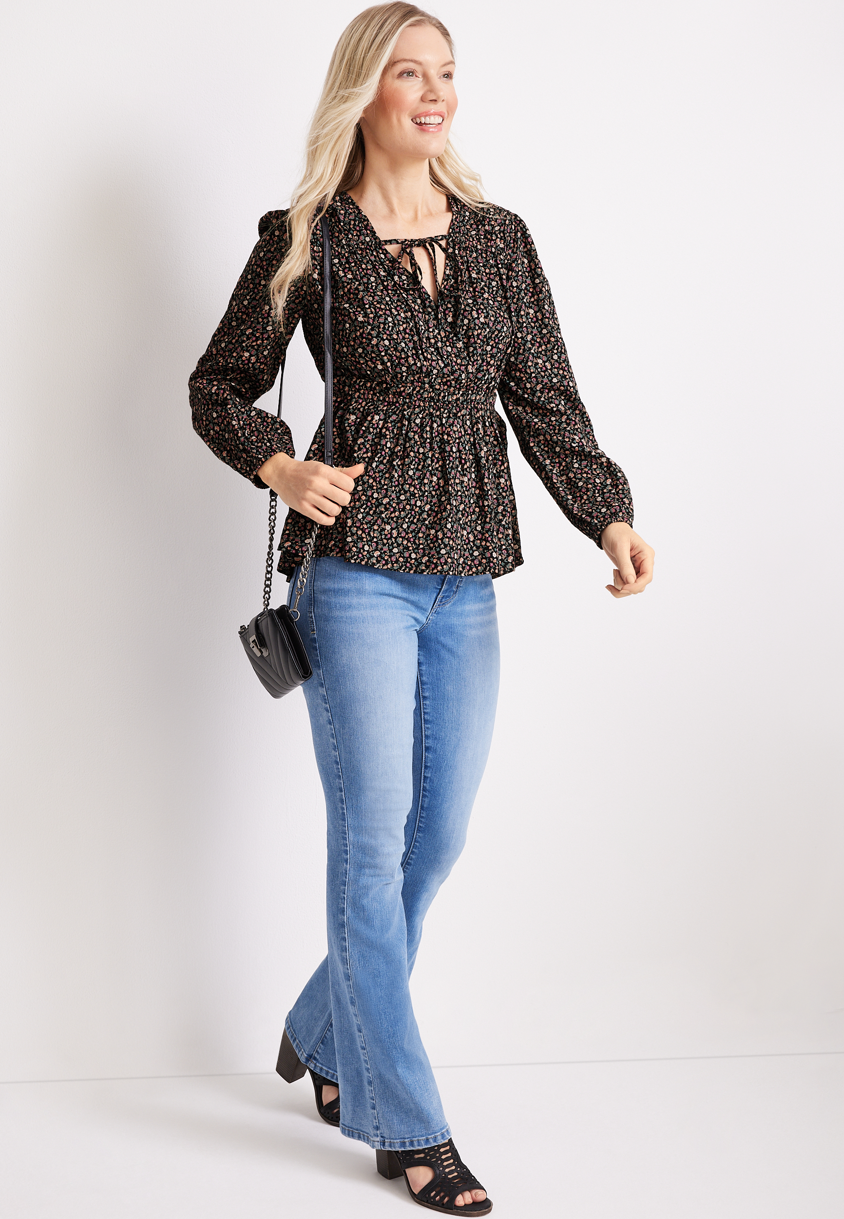 Floral Peplum Top, BLACK COMBO, large