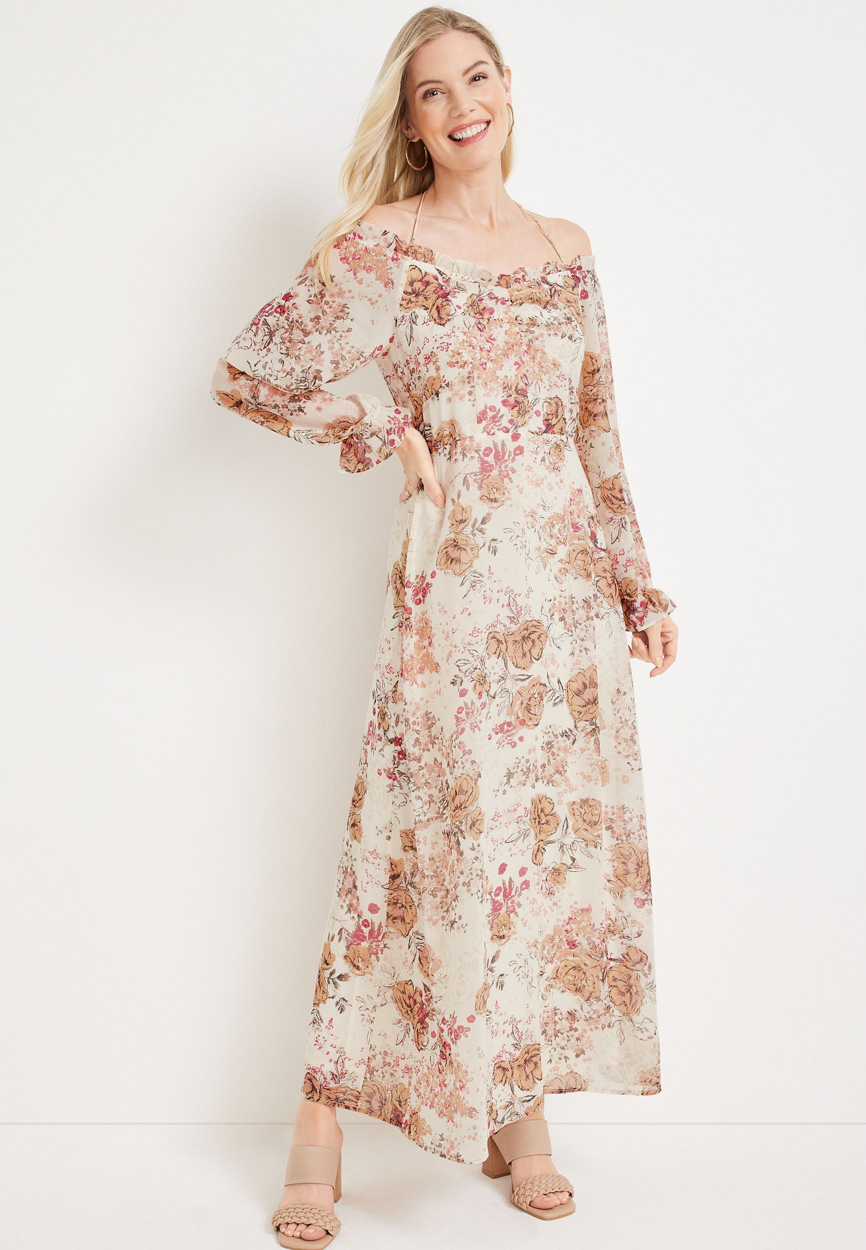 maurices off the shoulder dress Maurices Women's Bare Tropical Print Notch Neck Dress. Beige Size XX Large