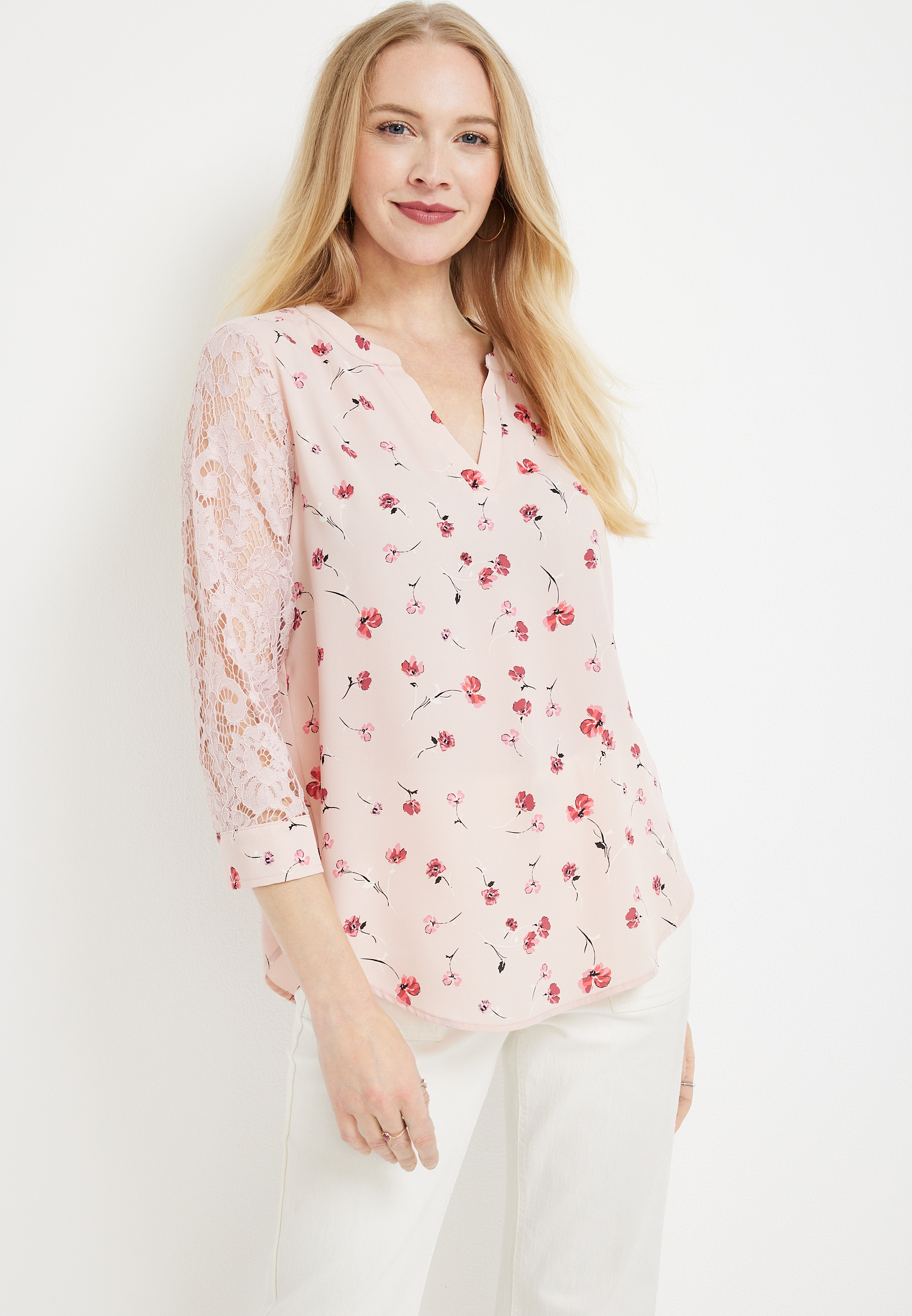 Atwood Floral 3/4 Lace Sleeve Popover Blouse | maurices