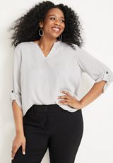 Plus Size Atwood Textured 3/4 Sleeve Popover Blouse, C388, small