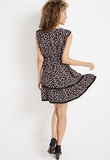 Black Floral Ruffle Sleeve Skater Dress, BLACK COMBO, small