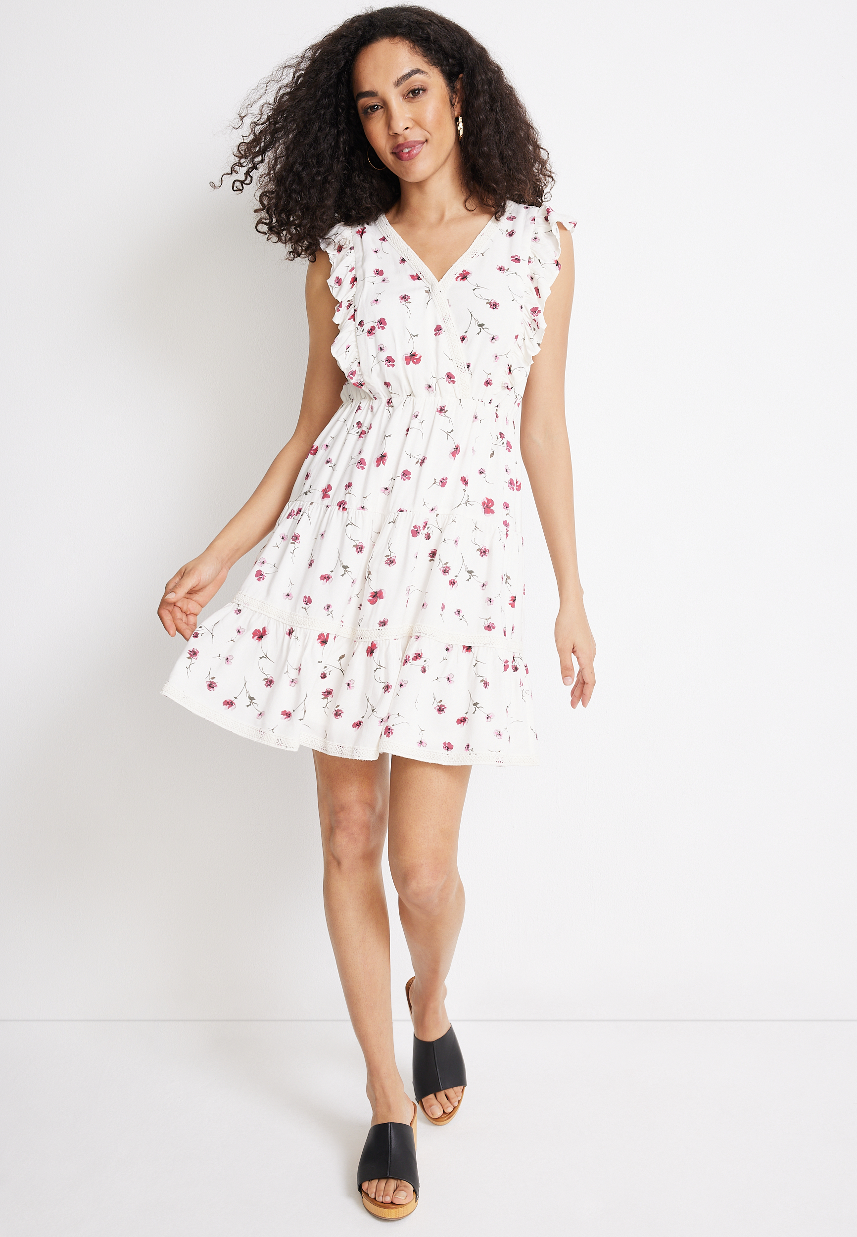 White Floral Ruffle Sleeve Skater Dress | maurices