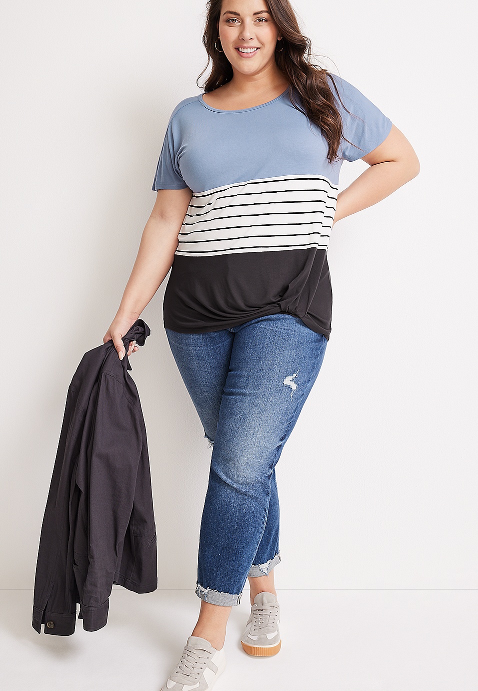 indrømme Metal linje jug Plus Size 24/7 Alexandria Colorblock Striped Front Knot Crew Neck Tee |  maurices