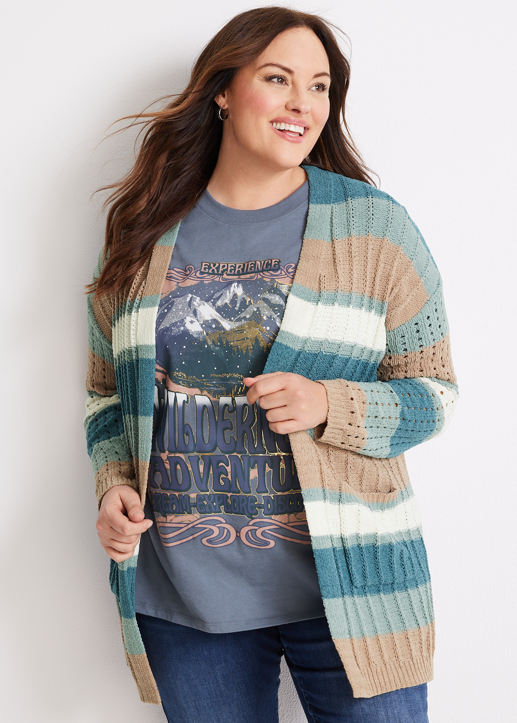 Plus Size Multicolor Striped Chenille Cardigan