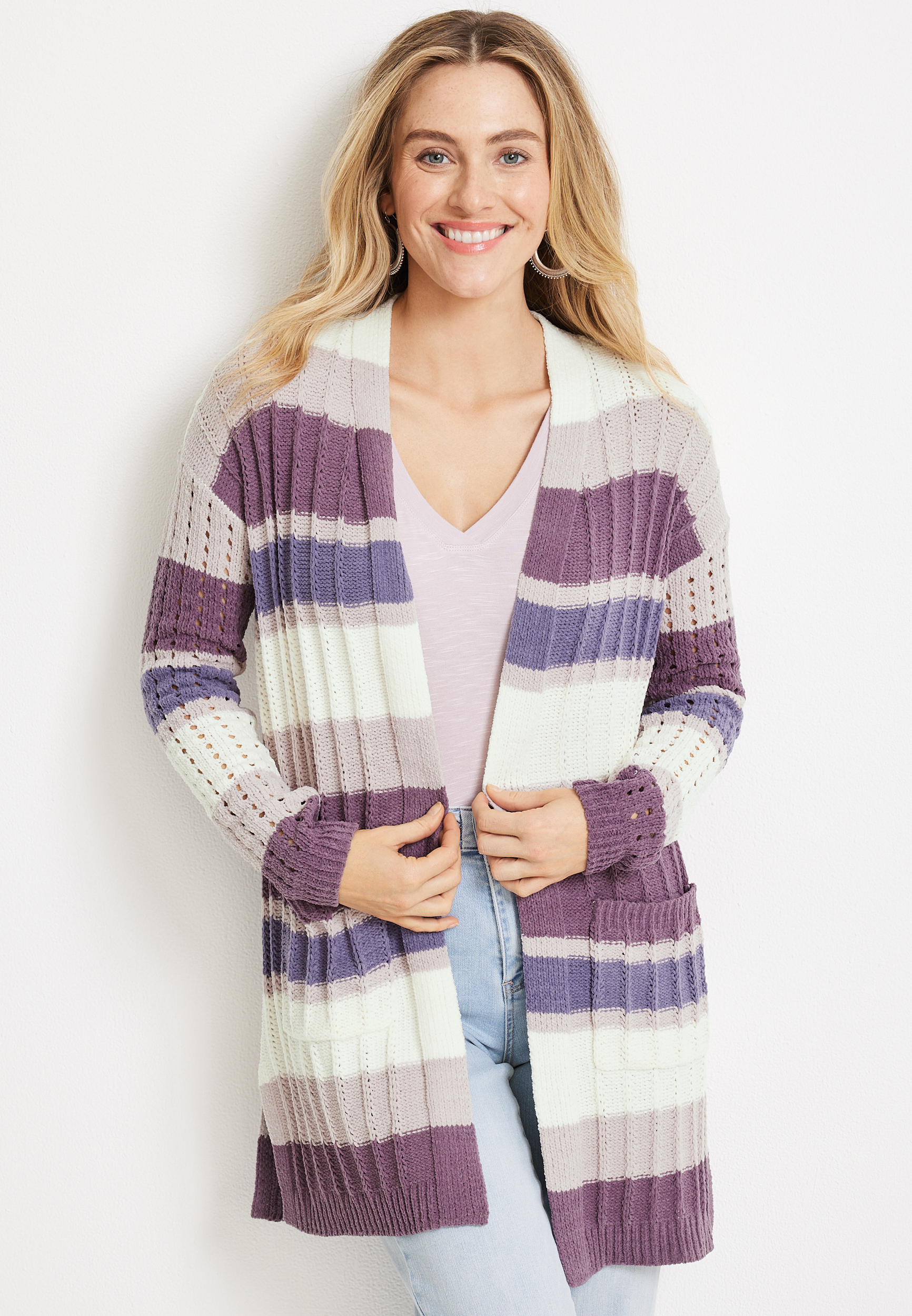 Purple Striped Chenille Cardigan | maurices