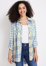Cabin Plaid High Low Tunic Button Down Shirt, , small