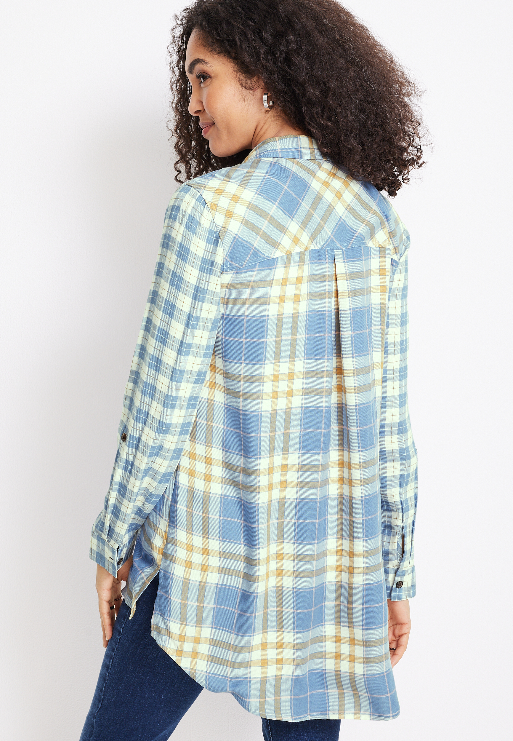 Cabin Plaid High Low Tunic Button Down Shirt, , large